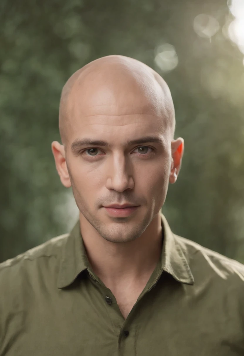 Futuristic portrait of a man with a bald head and an olive green shirt, symetry, Depth of field, intrikate, chic, highy detailed, digitalpainting, art-station, conceptual artwork, smooth ass, sharp focus, illustration, As imagined by Greg Rutkowski and Borris Vallejo