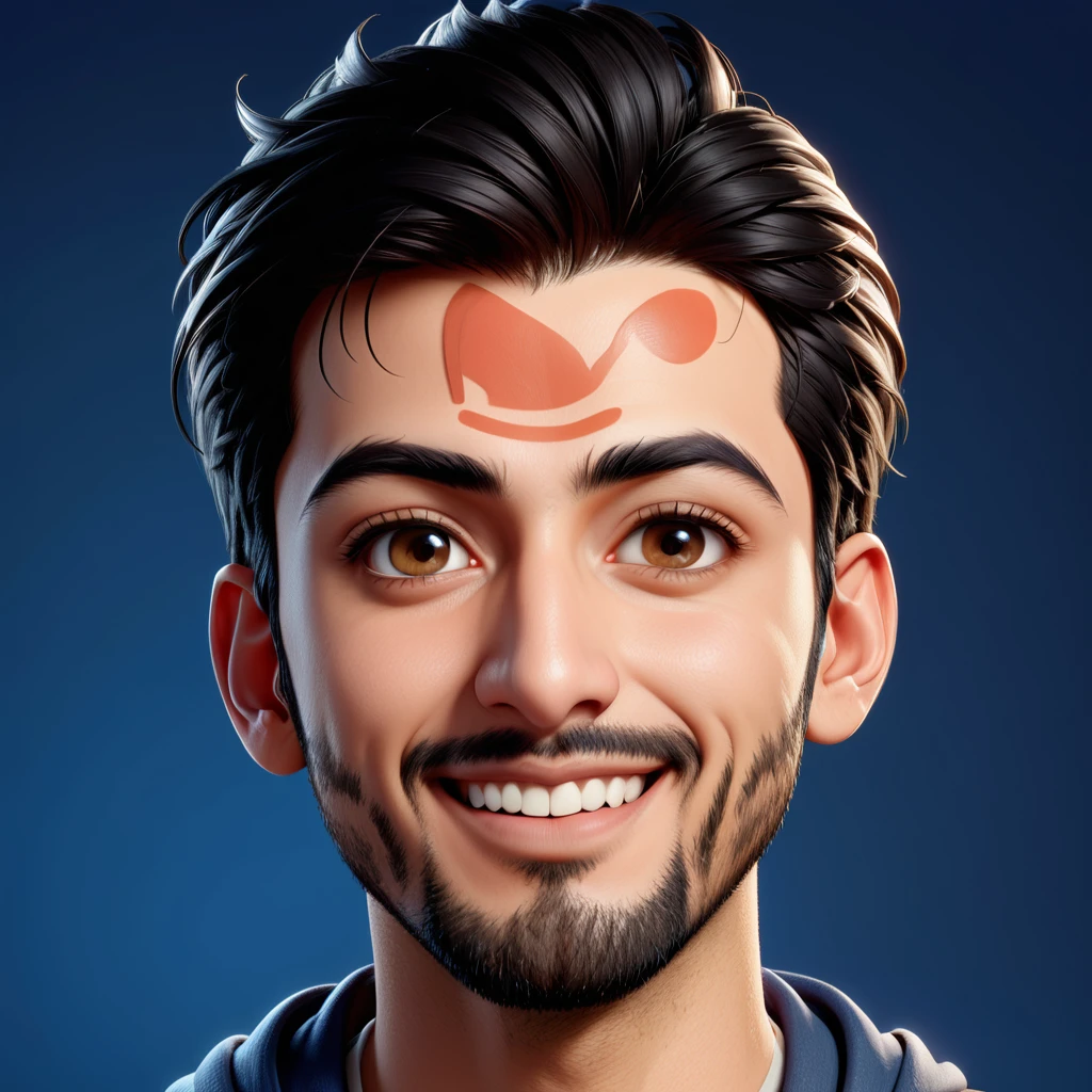 Create a MID BODY SHOT of cartoonish caricature 3D animation of a big-headed facing straight to the camera. a 25 years old Pakistani man. he has short black pixie cut hair. His face is oval with smooth lines, thick and neat black eyebrows, normal eyes, a small, sharp nose, and thin lips with a wide, friendly smile. He wore a dark hoodie with blue jeans. Gradient blue background. masterpiece, top quality, highly detailed skin and face, ultra-realistic, high definition, sharp focus, Concept Art. Mid body shot.