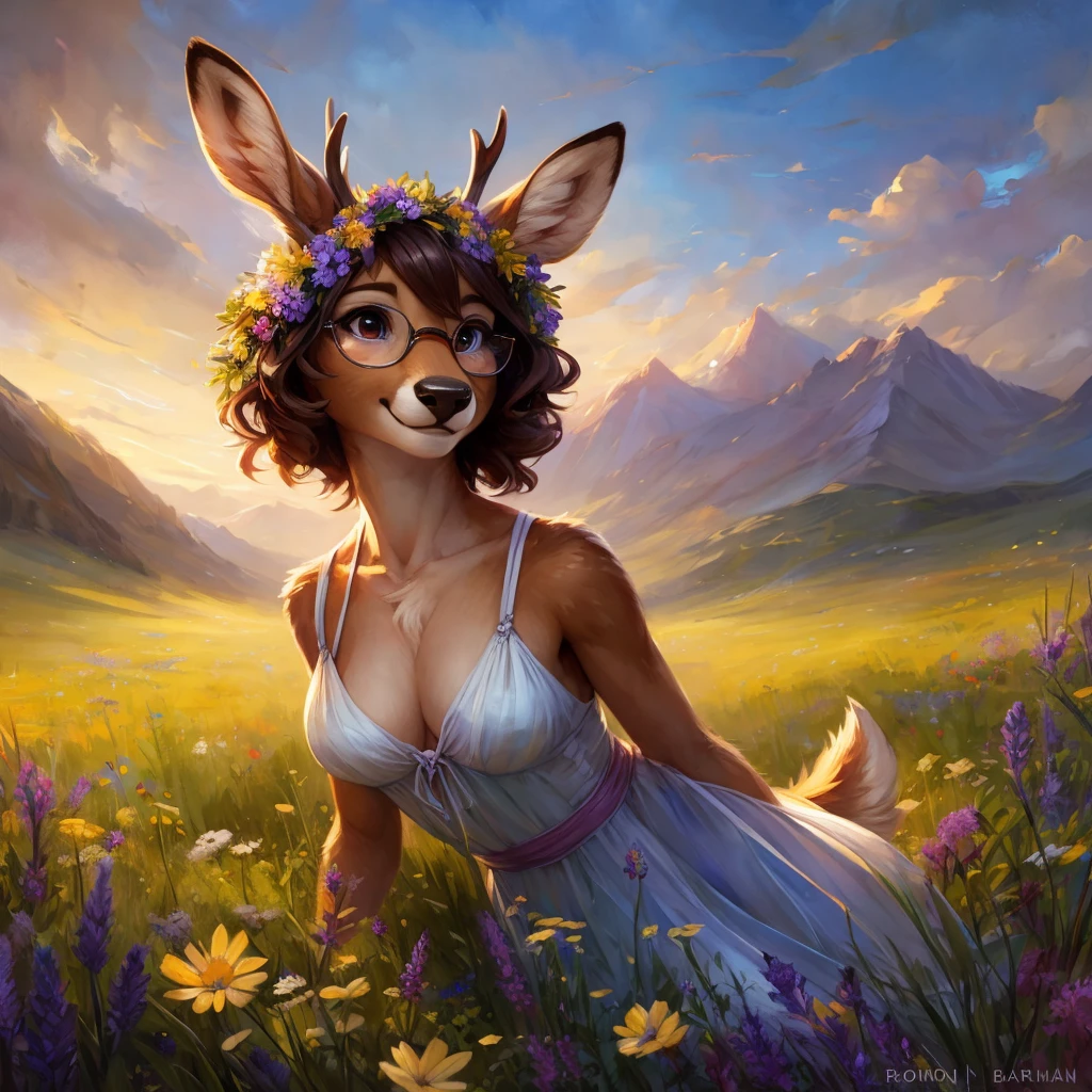 uploaded on e621, watercolor look, by Pixelsketcher, by Bayard Wu, by Thomas Benjamin Kennington , by Einshelm, by hioshiru and kenket, Chunie, portrait, solo anthro female deer doe, with small featureless breasts, clear dark blue, cinematic lighting, day, sunny day, lavender field, stays in a wildflowers field, wildflowers field background, mediterranean background, horizon background, shiny, short curly dark brown hair, wearing big black nerd glasses, very very beautiful furry art, furry art, smiling, joyful, shiny, happy, feminine, cute face, muzzle, fluffy chest, flawless face, Fallow deer, 1girl, Sakimichan is beautiful, Masterpiece, Wavethesallow Face, shiny, Detailed image, portrait, Detailed image, portrait, full body, wearing pure white short spaghetti straps dress, wearing a wildflowers wreath, shiny, realistic face, perfect anatomy, hourglass body, (furry body:1.1), anthropomorphic deer, looks at the viewer, small fluffy tail, detailed background, (cute anatomy:1.1), stands in a wildflowers field, wildflowers in hair