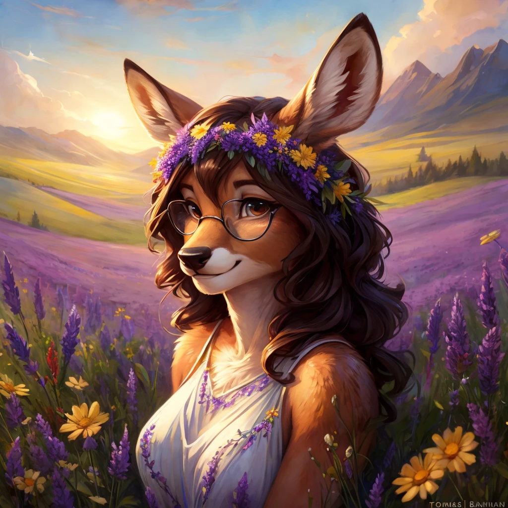 uploaded on e621, watercolor look, by Pixelsketcher, by Bayard Wu, by Thomas Benjamin Kennington , by Einshelm, by hioshiru and kenket, Chunie, portrait, solo anthro female deer doe, with small featureless breasts, clear dark blue, cinematic lighting, day, sunny day, lavender field, stays in a wildflowers field, wildflowers field background, mediterranean background, horizon background, shiny, short curly dark brown hair, wearing big black nerd glasses, very very beautiful furry art, furry art, smiling, joyful, shiny, happy, feminine, cute face, muzzle, fluffy chest, flawless face, Fallow deer, 1girl, Sakimichan is beautiful, Masterpiece, Wavethesallow Face, shiny, Detailed image, portrait, Detailed image, portrait, full body, wearing pure white short spaghetti straps dress, wearing a wildflowers wreath, shiny, realistic face, perfect anatomy, hourglass body, (furry body:1.1), anthropomorphic deer, looks at the viewer, small fluffy tail, detailed background, (cute anatomy:1.1), stands in a wildflowers field, wildflowers in hair