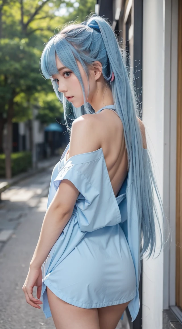 Anime  Girl, Wear a sexy outfit, Short kimono, Bare arms, Bare back, Bare shoulders, walking, Long Hair, Light blue hair, View the viewer, blue eyes,Garment Lift,