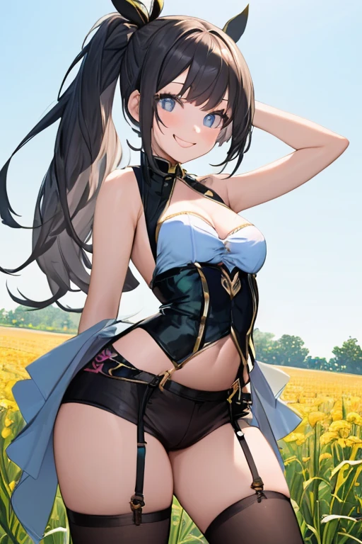 (small breasts:1.2), (perky chest:1.2), (pointed chest:1.2), (dynamic angle:1.3, front view:1.1, breast focus:1.3, from below:1.1), (dynamic posing:1.2, sexy posing:1.2), (seductive smiling:1.3), highest quality、(real、photorealistic:1.4),(ultra high resolution, 8K RAW photo, clear focus), best qualtiy, natural lighting, field depth, (Bright pupils, detailed beautiful blue eyes, high detailed face), (tight focus:1.2), a girl 28yo old, Thicc, thin breast, long hair, blue eyes,garter stocking, cleavage:1.2, midriff, black shorts, black thighhighs, thigh strap, pretty girl, (highly detailed beautiful face and eyes,firm breasts),real skin,((black,hair,long pony tail hair)),thin pubic hair,cute,lovely, detailed eyes,(double breasted:1.0,under bust:1.0),(with sparkling eyes and a contagious smile),close mouth, Looking at Viewer,