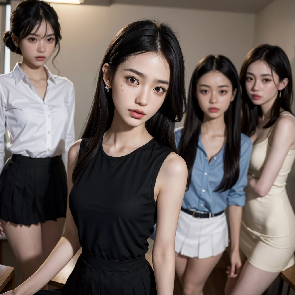 absurdres, RAW photo, extremely delicate and beautiful, masterpiece, Best Quality, ultra high resolution, 32k, hyperrealistic, ultra-detailed, perfect anatomy, super Detailed skin, perfect figure, Japanese woman, late 20s, very Slim body, narrow waist, very small head, handsome detailed woman, very detailed eyes and face, realistic face proportions, Stunning detailed eyes, Realistic beautiful face, very small face, Realistic small beautiful eyes, tearful mole, earring, beautiful and very thin legs, beautiful and very thin thighs, ((very huge round breasts)), medium hair, black hair, ((full body shot)), ((((3 girls)))), ((school_uniform)),