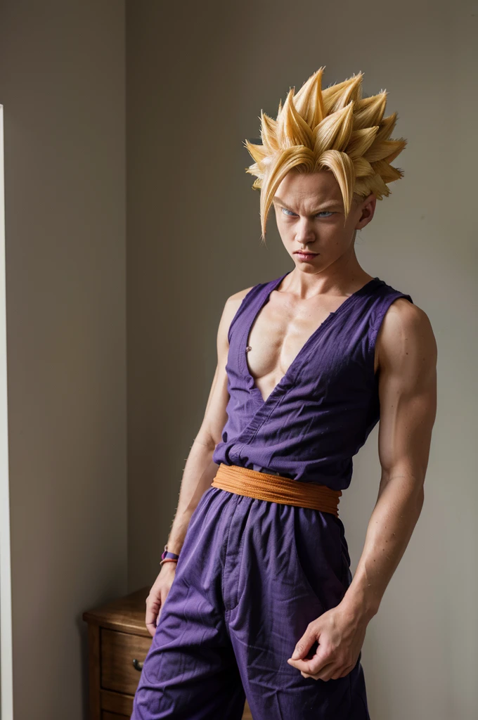 (ssj2), 1boy, yellow hair, green eyes,cowboy shot,yellow aura, electricity,naked purple dougi, purple pants, (blue wristband), red sash, sleeveless,v-neck,looking at viewer,(best quality, masterpiece)
