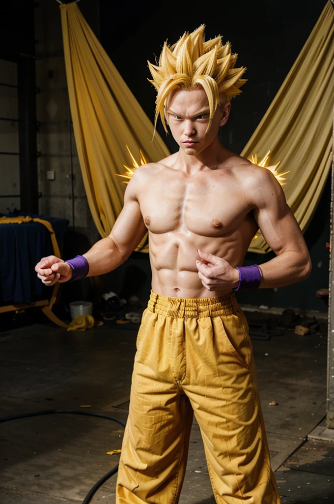 (ssj2), 1boy, yellow hair, green eyes,cowboy shot,yellow aura, electricity,naked purple dougi, purple pants, (blue wristband), red sash, sleeveless,v-neck,looking at viewer,(best quality, masterpiece)