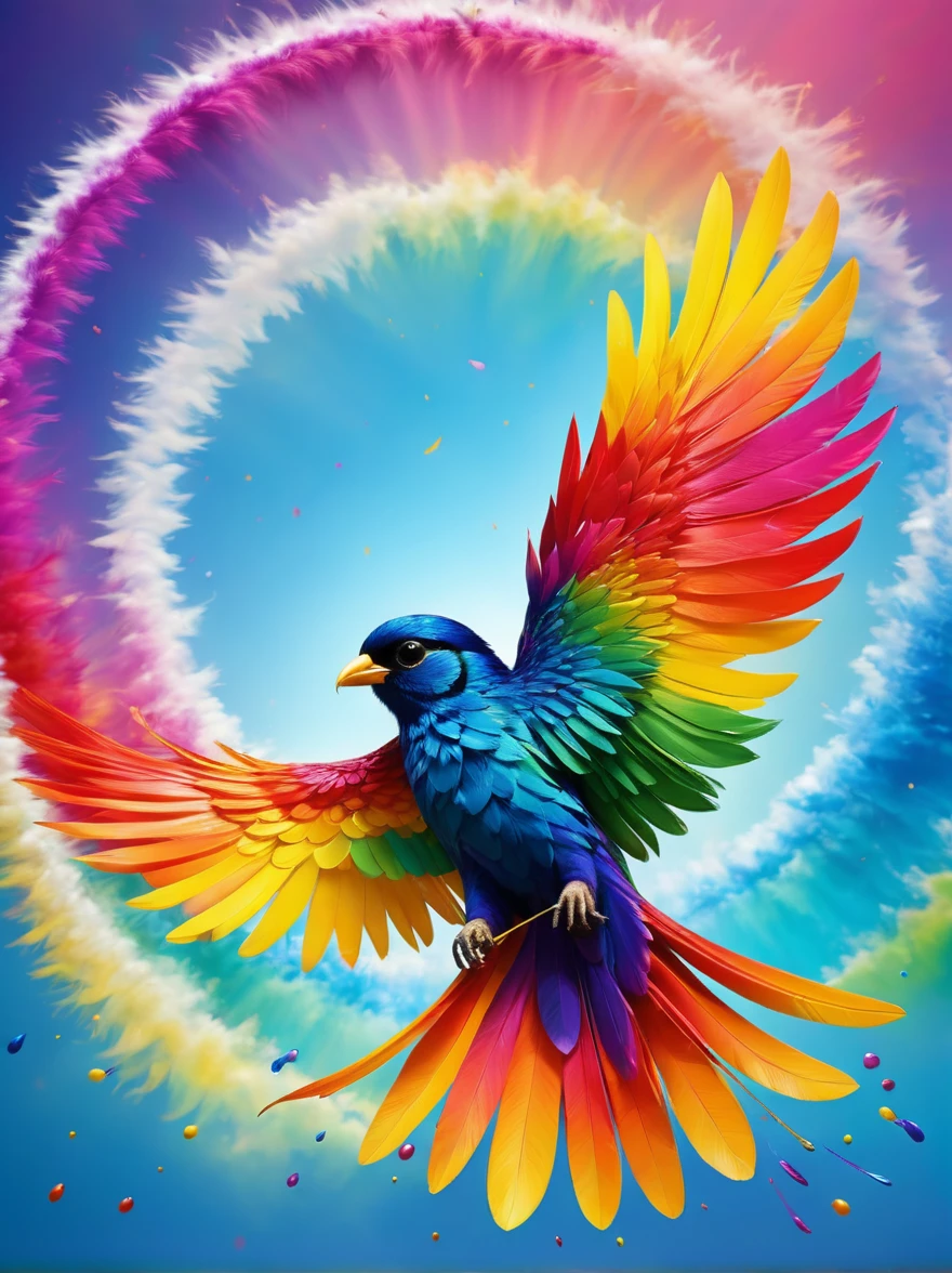 The bird flying through a rainbow, its feathers reflecting the vibrant colors and creating a dazzling effect