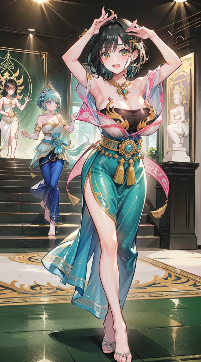 (2 young women ,beautiful woman),smile,(light green short hair),nobility,(princess),blue student,Tall figure,((Strapless Thai dress)),low skirt,(Strapless Thai dressที่ไม่ทีสาย),lolita skirt,Show your legs,Barefoot,red carpet,prom website,(nobility),(big tits),(Various poses),Highest quality、Highest picture quality、Masterpiece,, ,(((Umbilical drive,dance,dance,Thai dance))),(large areolae:1.4,pink,The nipples are clearly visible......),(((bare breast:1.37)))