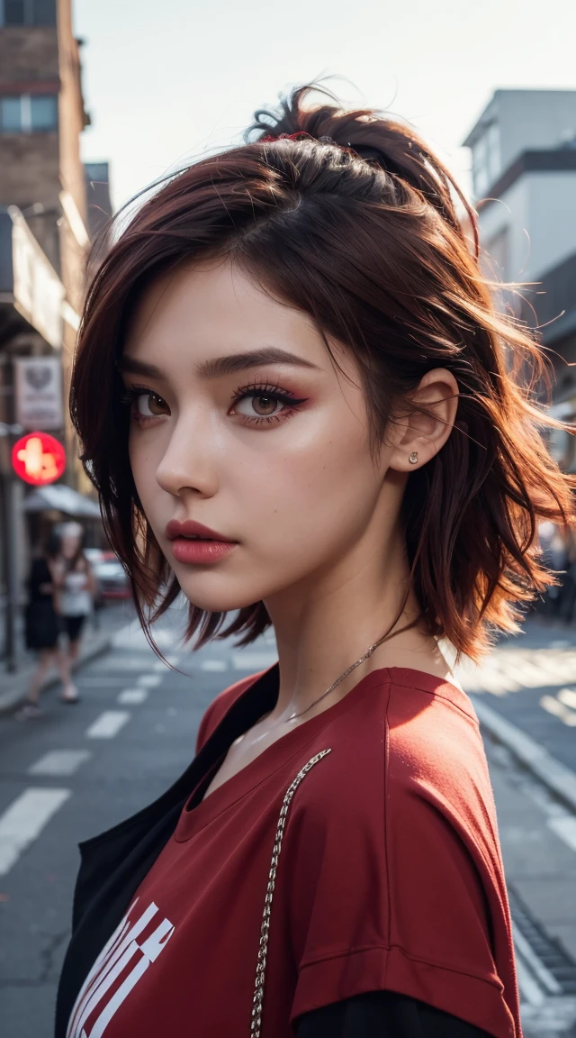 beautiful girl, , Short, bright red, messy hair, Black Eyeshadow, (Street Style Wear:1.2), (Urban Background:1.2), Heavy makeup, Digital Art, Trending on Art Station, highly detailed, The finer details, Complex,  beautiful detailed glow, detailed, Cinematic Light, High resolution, detailed facial features,Sharp focus, Smooth, beautiful,Garment Lift,