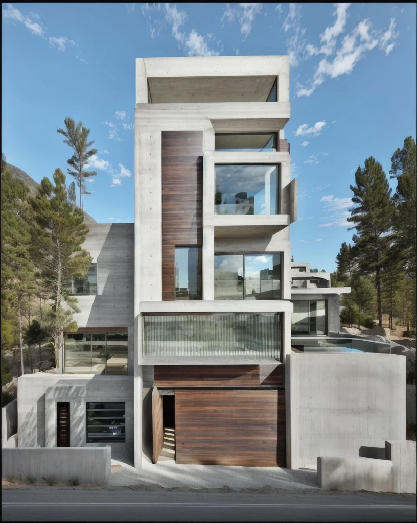 architectural concrete_finish, modern house, fair-face concrete, concrete, street view, in the mountains (masterpiece) 