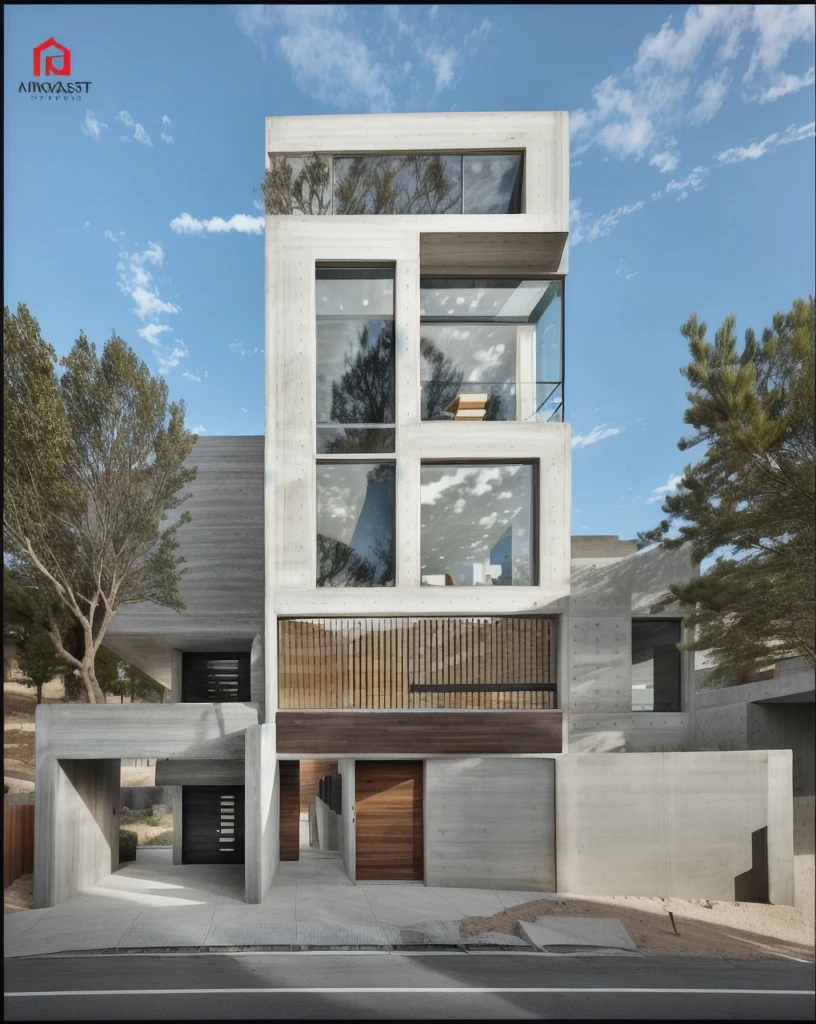 architectural concrete_finish, modern house, fair-face concrete, concrete, street view, in the mountains (masterpiece) 