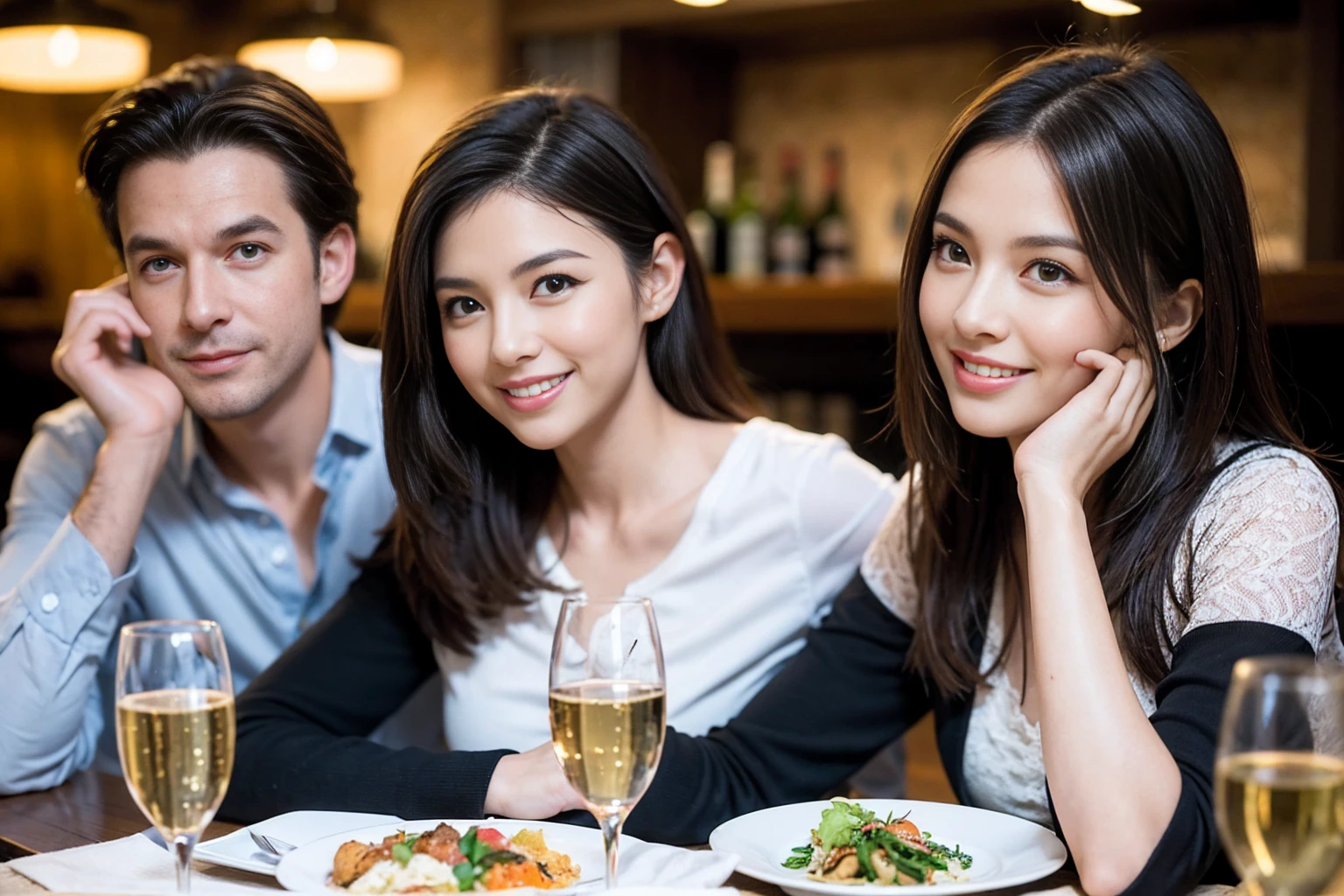 ((Highest quality、、masterpiece:1.3))、1 male、1 female、spouse、Beautiful couple、smile、full-course dinner、 (Slim face), (the body is スリム), (Brown Hair), (Shortcuts), ((Bob Hale、Straight hair:1.2)), テーブルの上のwine glass、Put the light on your face、 Amazing view of the sunset sky and clouds、smileの美しさ、Bright image、Blushing, Shortcuts, (43 years old), 39 years old, Appetizers、Italian food、Wine bottle、Champagne、sparkling wine、Long sleeve shirt、dress、Attractive beauty、restaurant, Nova Frog Style, actress, model, Upper Body, White wine, red wine, wine glass,