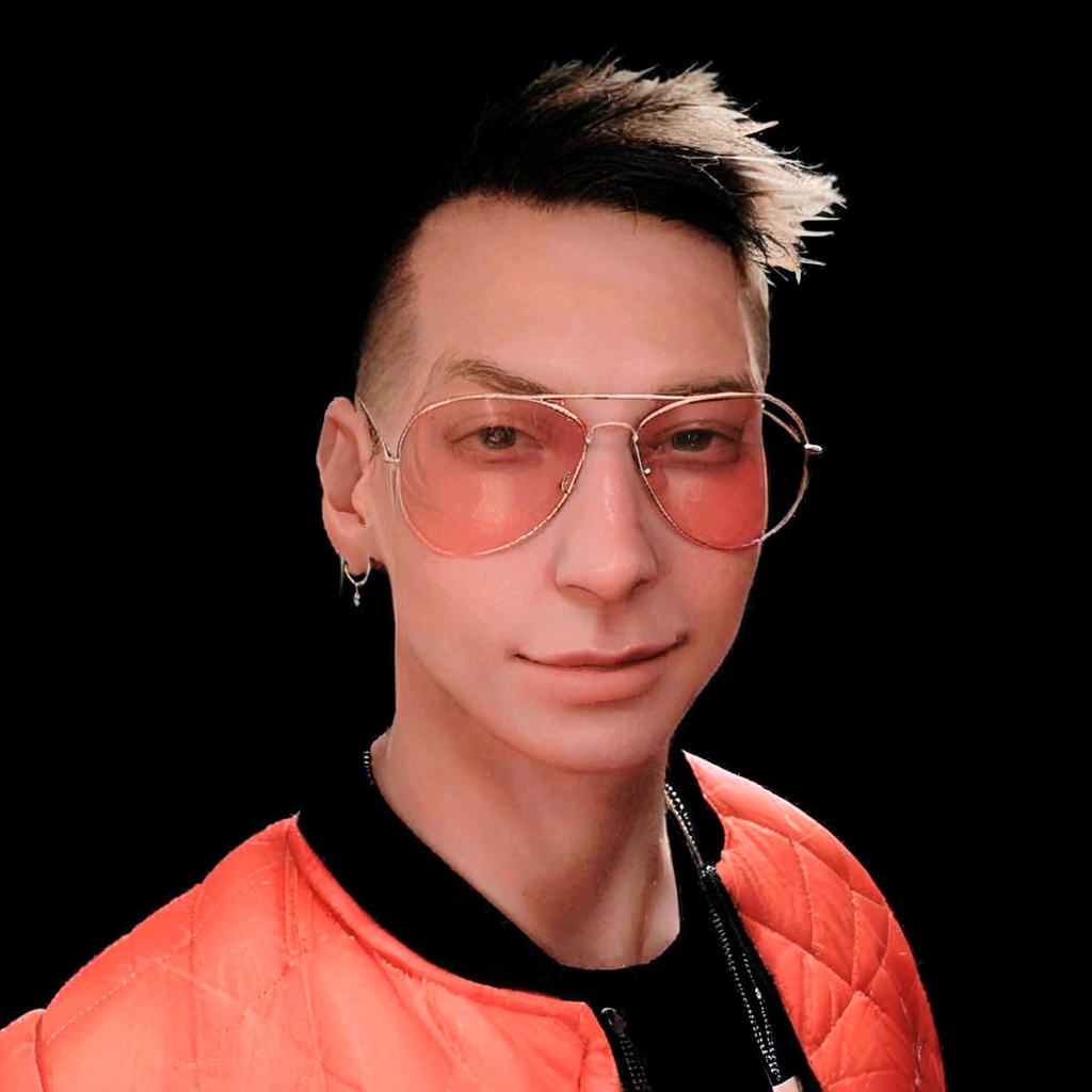 there is a man with a pink jacket and sunglasses posing for a picture, twitch streamer / gamer ludwig, anton fadeev 8 k, andrey surnov, andrei riabovitchevy, very very low quality picture, profile picture 1024px, in front of a black background, headshot profile picture, alexey gurylev, high quality portrait