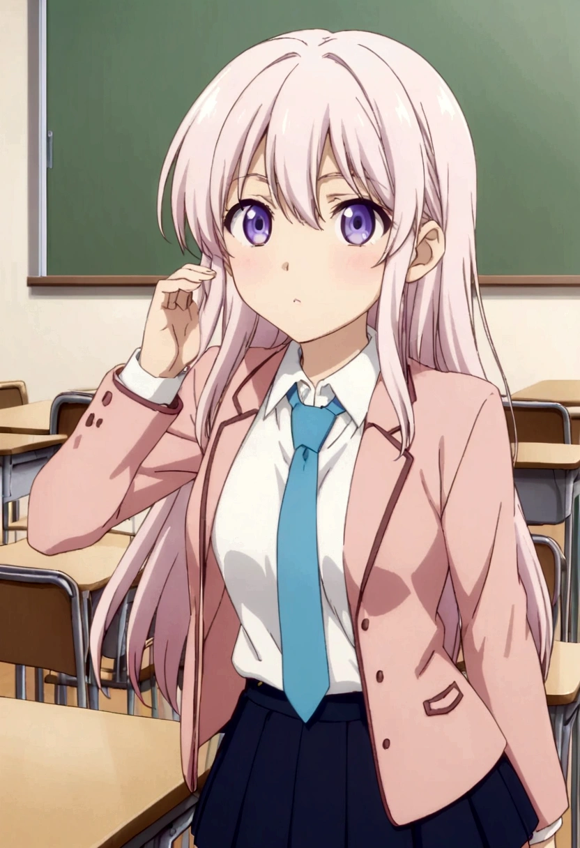classroom,Pink jacket,White shirt,Long Hair,Blue tie,anime,mini skirt,tall,30 years old,Japanese,