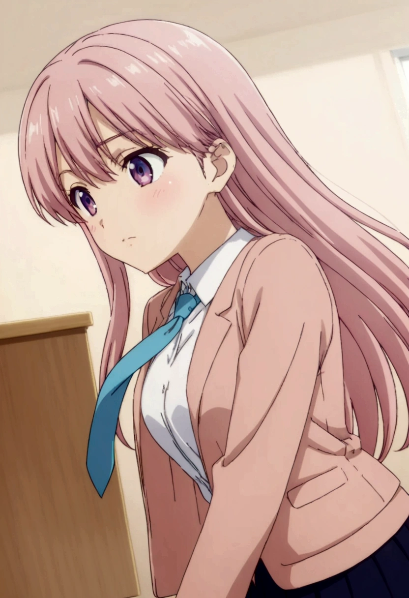 classroom,Pink jacket,White shirt,Long Hair,Blue tie,anime,mini skirt,tall,30 years old,Japanese,