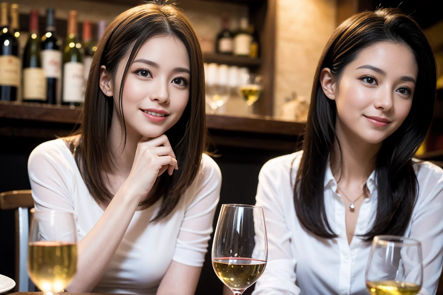 ((Highest quality、8K、masterpiece:1.3))、1 male、1 woman who resembles Satomi Ishihara、Couple、spouse、Couple、The body is slim、((Bob Hale、Straight hair:1.2)), (Realistic, Intricate details:1.2), テーブルの上のwine glass、Put the light on your face、 Amazing view of the sunset sky and clouds、Amazing mountain views、A bright smile、The wonderfulness of smile、Bright image、The beauty of wine, Beautiful Face, blue eyes, The light shines on your face, Blushing, short hair,Bright Face、42 years old), 39 years old, red wine 、Appetizers、Italian food、Wine bottle、Champagne、sparkling wine、Two beauties、Brown Hair、Shortcuts、Long sleeve shirt、dress、Beautiful woman 1, (slimな顔), (The body is slim), (Brown Hair), (Shortcuts), cheeks turn a little red,Attractive beauty、restaurant, In a prominent place (From the waist up) Nova Frog Style, actress, model, Upper Body, White wine, slim, wine glass, 中央に置かれたwine glass, smile, (smile: 1.15), Beautiful fine grain, Depth f/2,saturation, High Contrast, Strong light and shadow,Moist Body:1.5、3D texture、Delicate eyes、Brown Hair、The hair is very shiny、
