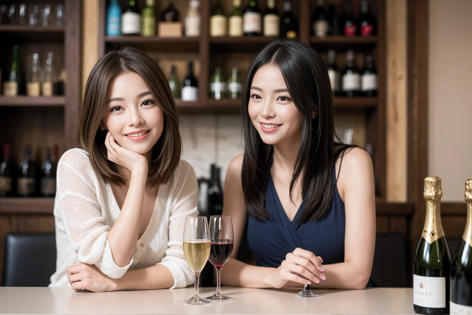 ((Highest quality、8K、masterpiece:1.3))、1 male、1 woman who resembles Satomi Ishihara、Couple、spouse、Couple、The body is slim、((Bob Hale、Straight hair:1.2)), (Realistic, Intricate details:1.2), テーブルの上のwine glass、Put the light on your face、 Amazing view of the sunset sky and clouds、Amazing mountain views、A bright smile、The wonderfulness of smile、Bright image、The beauty of wine, Beautiful Face, blue eyes, The light shines on your face, Blushing, short hair,Bright Face、42 years old), 39 years old, red wine 、Appetizers、Italian food、Wine bottle、Champagne、sparkling wine、Two beauties、Brown Hair、Shortcuts、Long sleeve shirt、dress、Beautiful woman 1, (slimな顔), (The body is slim), (Brown Hair), (Shortcuts), cheeks turn a little red,Attractive beauty、restaurant, In a prominent place (From the waist up) Nova Frog Style, actress, model, Upper Body, White wine, slim, wine glass, 中央に置かれたwine glass, smile, (smile: 1.15), Beautiful fine grain, Depth f/2,saturation, High Contrast, Strong light and shadow,Moist Body:1.5、3D texture、Delicate eyes、Brown Hair、The hair is very shiny、