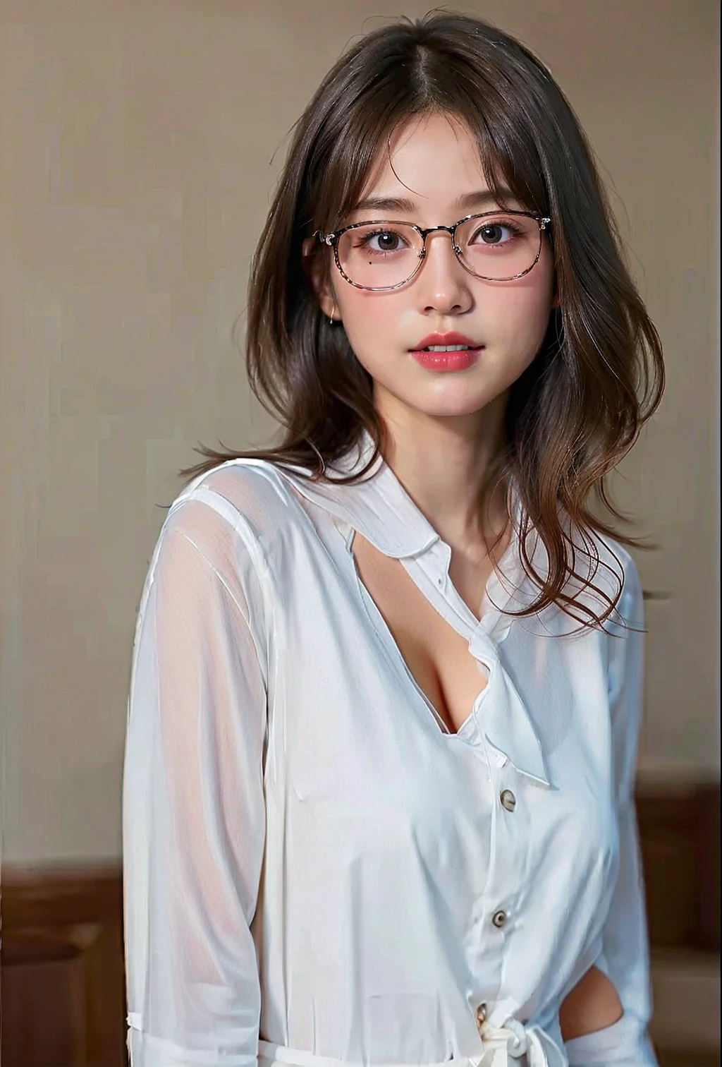 Realistic、Surreal、Cinema Lighting、32k、((1 Girl))、look up、Backlight、(Bright light:1.2)、(Improvement of quality:
1.4)、(Highest quality realistic textured skin:1.4)、Fine grain、Detailed face、short hair、Shot from the thigh up、From below、(Improved skin texture:1.1)、Matte texture、Open your mouth、opening of lips、Seductive smile 1.1、(Big face and big breasts:1.3)、((Simple and stylish glasses))、((tight white shirt))、Tight black skirt、In front of a computer desk、Modern workplace with laptop、a working woman、22 years old、((Japanese women))