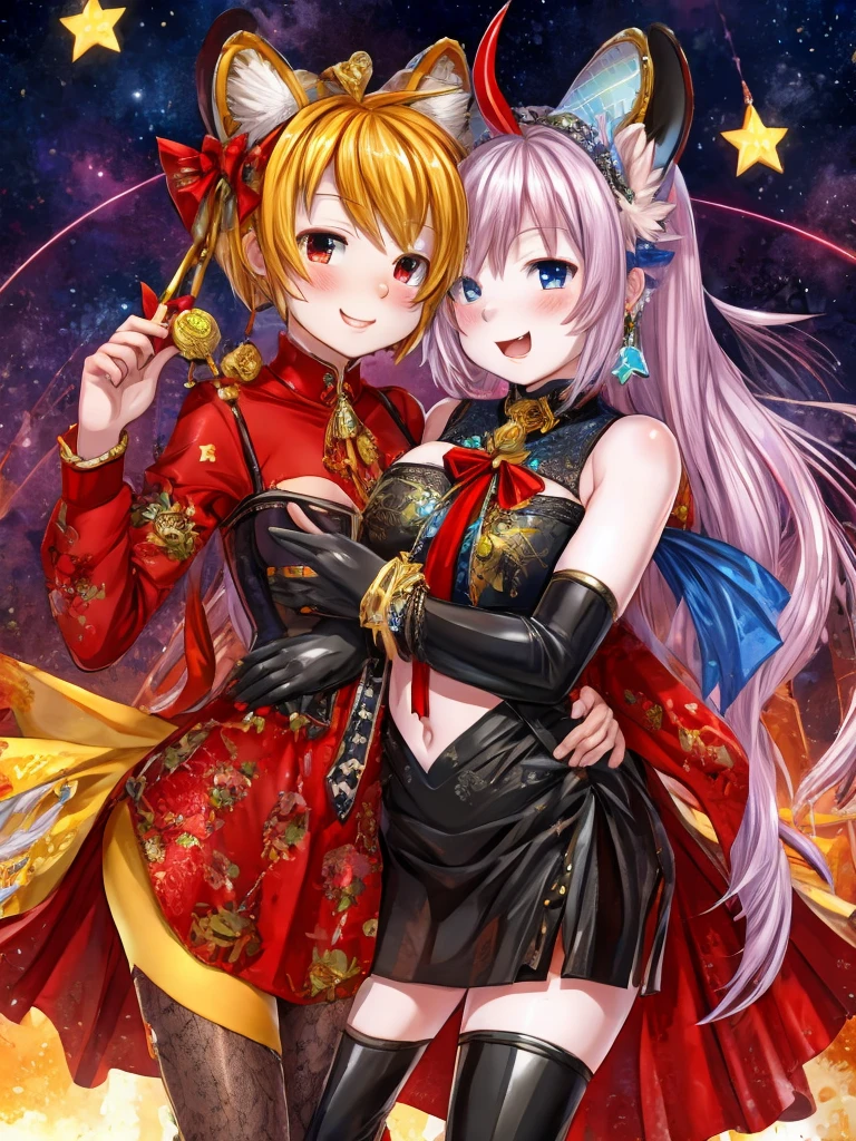 2 girls smile sea. Their breasts are close together, forming a clear gap. They hold each other's waist with their left hands and stand side by side at the same height.