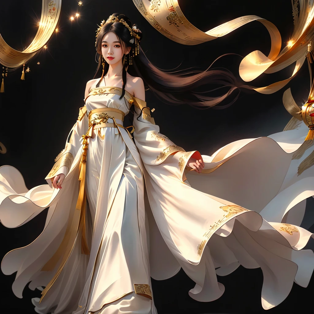 Girl in traditional Chinese clothing, Hanfu, Guzhen Hanfu women, gold Hanfu,(long straight black hair:1.5), black eyes, black bun hairstyle, hair accessories ,white diamond earrings, Bangle Diameter, Dia Necklace, Clear eyes, Facing forward,put on makeup, Long eyelashes ,(gold long shoulder coat:1.5), (Very long skirt, white:1.5), ((Whole body)), ((from below)), Clear face, , (Very beautiful face, Beautiful mouth, beautiful eyes), detailed face, ((Ultra-fine skin)), In the dark, deep shadows, an ancient Chinese girl (Very slim figure 1.3) ,Plump breasts, elegant posture ,(palace in the sky:1.5),