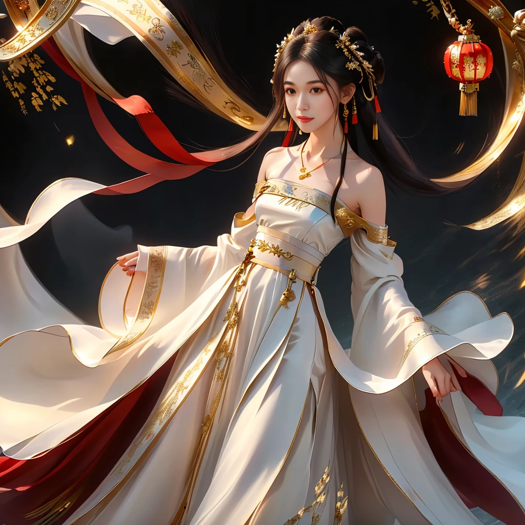 Girl in traditional Chinese clothing, Hanfu, Guzhen Hanfu women, gold Hanfu,(long straight black hair:1.5), black eyes, black bun hairstyle, hair accessories ,white diamond earrings, Bangle Diameter, Dia Necklace, Clear eyes, Facing forward,put on makeup, Long eyelashes ,(gold long shoulder coat:1.5), (Very long skirt, white:1.5), ((Whole body)), ((from below)), Clear face, , (Very beautiful face, Beautiful mouth, beautiful eyes), detailed face, ((Ultra-fine skin)), In the dark, deep shadows, an ancient Chinese girl (Very slim figure 1.3) ,Plump breasts, elegant posture ,(palace in the sky:1.5),