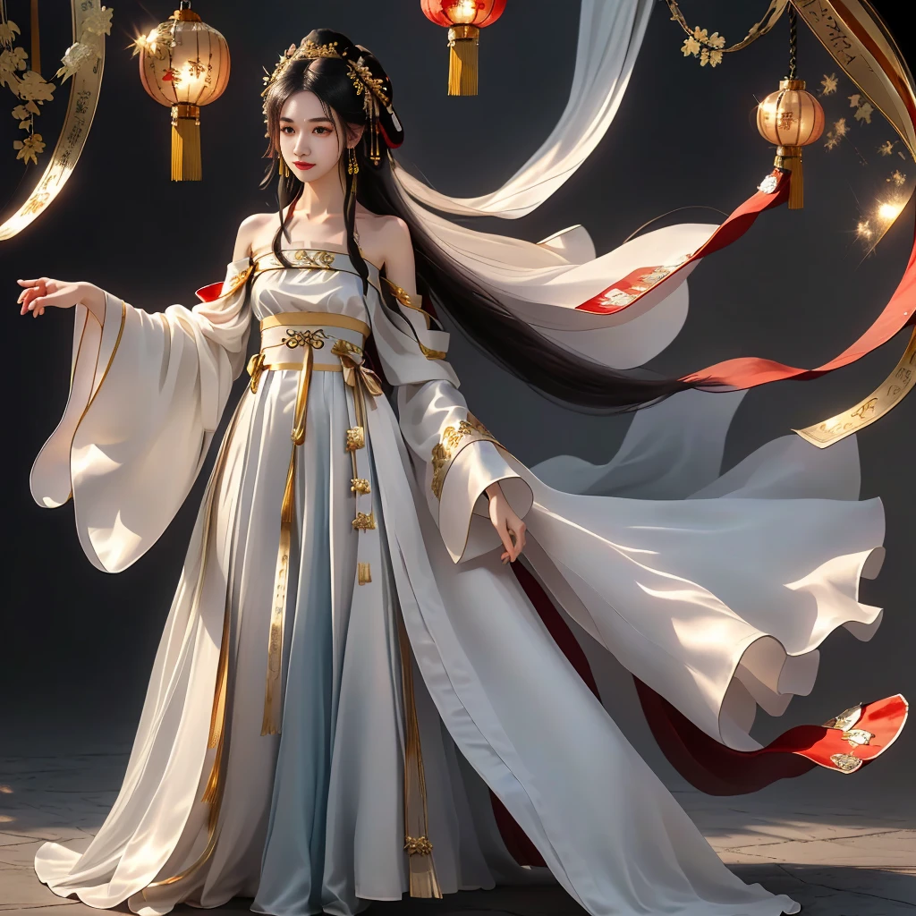 Girl in traditional Chinese clothing, Hanfu, Guzhen Hanfu women, gold Hanfu,(long straight black hair:1.5), black eyes, black bun hairstyle, hair accessories ,white diamond earrings, Bangle Diameter, Dia Necklace, Clear eyes, Facing forward,put on makeup, Long eyelashes ,(gold long shoulder coat:1.5), (Very long skirt, white:1.5), ((Whole body)), ((from below)), Clear face, , (Very beautiful face, Beautiful mouth, beautiful eyes), detailed face, ((Ultra-fine skin)), In the dark, deep shadows, an ancient Chinese girl (Very slim figure 1.3) ,Plump breasts, elegant posture ,(palace in the sky:1.5),