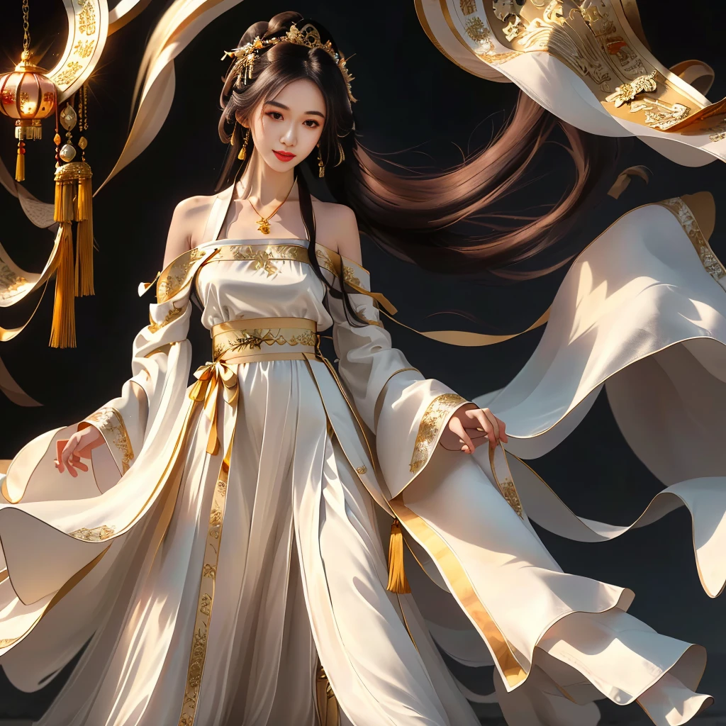 Girl in traditional Chinese clothing, Hanfu, Guzhen Hanfu women, gold Hanfu,(long straight black hair:1.5), black eyes, black bun hairstyle, hair accessories ,white diamond earrings, Bangle Diameter, Dia Necklace, Clear eyes, Facing forward,put on makeup, Long eyelashes ,(gold long shoulder coat:1.5), (Very long skirt, white:1.5), ((Whole body)), ((from below)), Clear face, , (Very beautiful face, Beautiful mouth, beautiful eyes), detailed face, ((Ultra-fine skin)), In the dark, deep shadows, an ancient Chinese girl (Very slim figure 1.3) ,Plump breasts, elegant posture ,(palace in the sky:1.5),