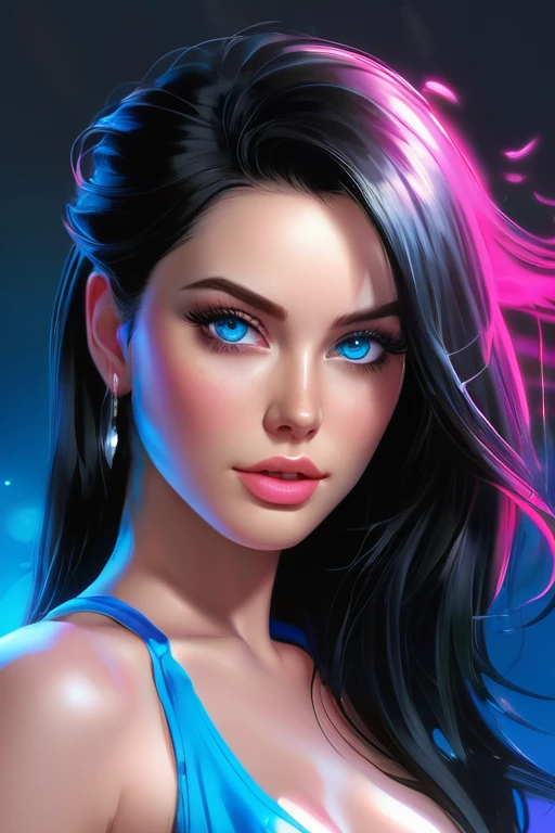 Sexy  woman black hair bright blue eyes  and pink batm and a black top, realistic art style, RossDraws portrait, Artgerm portrait, Anime realistic artstyle, 4K realistic digital art, 4K realistic digital art, 8K Artgerm Bokeh, DeviantArt Artstation CGScosiety, ArtGerm extremely detailed, made with anime painter studio, RossDraw digital painting, (cum on face:1.3), (cum on black top: 1.3)