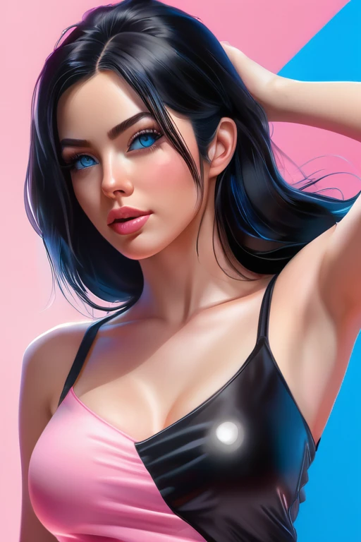 Sexy woman black hair bright blue eyes and pink batm and a black top, realistic art style, RossDraws portrait, Artgerm portrait, Anime realistic artstyle, 4K realistic digital art, 4K realistic digital art, 8K Artgerm Bokeh, DeviantArt Artstation CGScosiety, ArtGerm extremely detailed, made with anime painter studio, RossDraw digital painting, (cum on face:1.3), (cum on black top: 1.3)