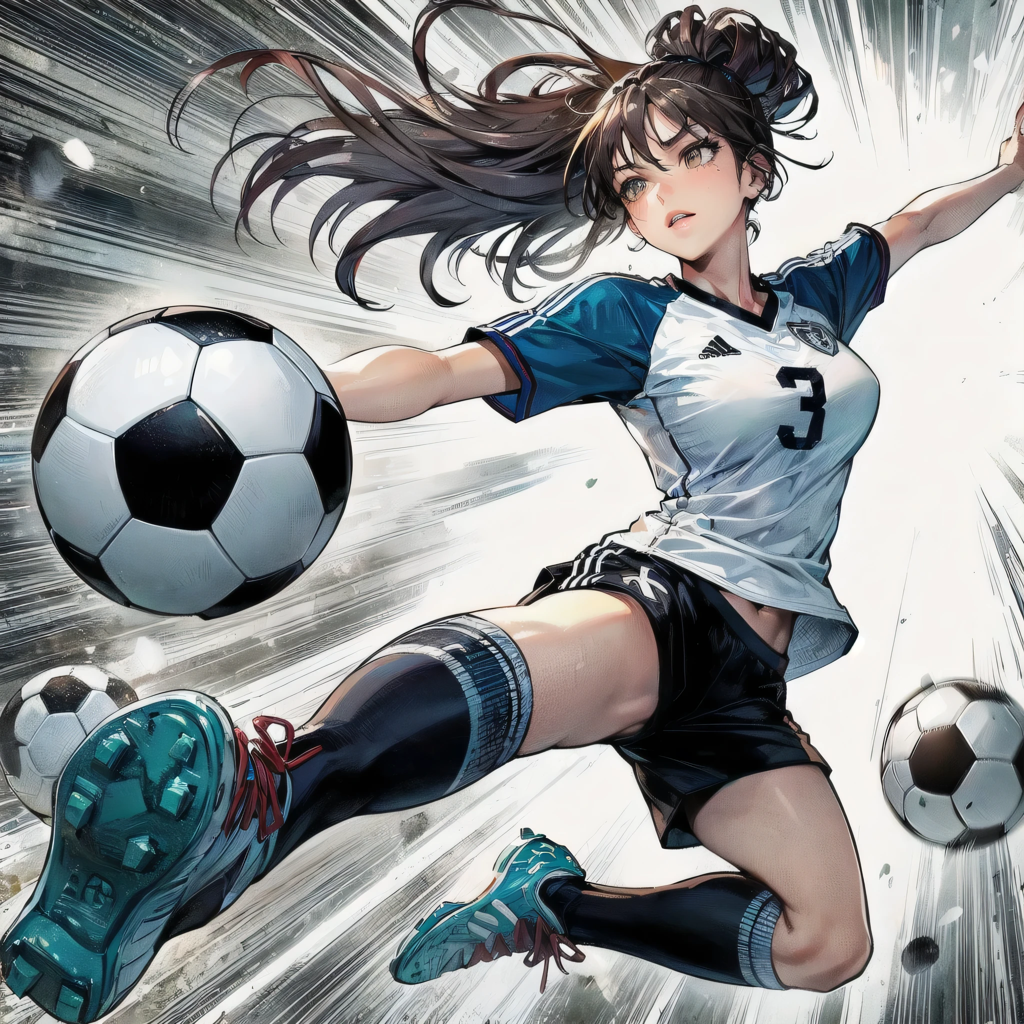  masterpiece, (textured skin), best quality, gorgeous beautiful girl, (a female soccer athlete), detailed clothes,large breasts,narrow waist,, (beautiful face), cinematic lighting, (at soccer venue ),