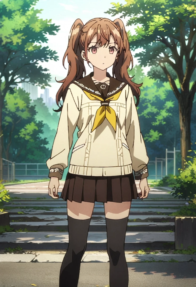 ,(upperbody:1),dsrise, brown hair, long hair, twintails, brown eyes, yasogami , serafuku, black thighhighs, 1girl, solo ,standing, school,ground, cinematic, anime screencap, official art, masterpiece, best quality,UHD,HDR,intricate detailed,aesthetic,very aesthetic, walking,