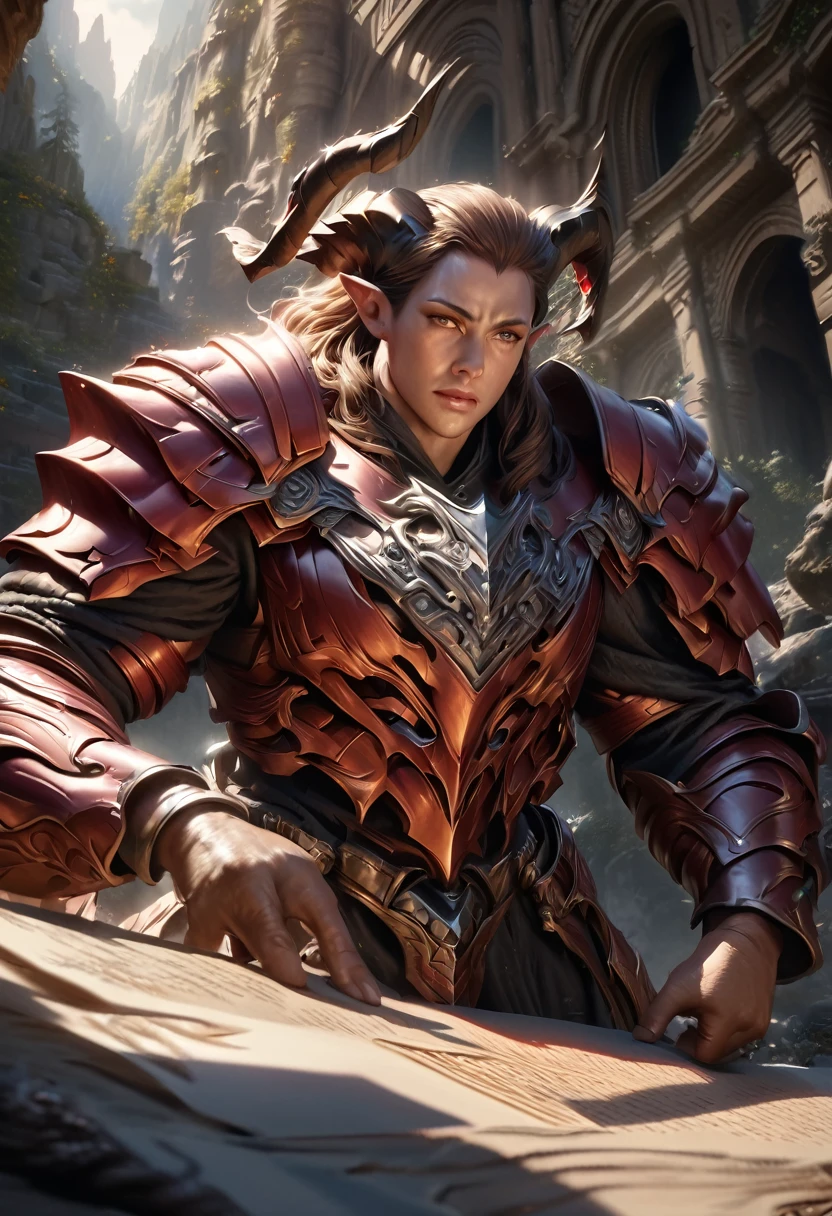 a powerful knight, dark skin, red short hair, pointy ears, big horns, wearing vermilion half-armor, dramatic shadows, digital art, highly detailed, intricate details, cinematic lighting, epic fantasy, (best quality,4k,8k,highres,masterpiece:1.2),ultra-detailed,(realistic,photorealistic,photo-realistic:1.37),concept art, dark moody atmosphere, vivid colors, chiaroscuro, dramatic pose