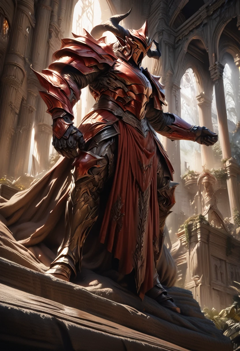 a powerful knight, dark skin, red short hair, pointy ears, big horns, wearing vermilion half-armor, dramatic shadows, digital art, highly detailed, intricate details, cinematic lighting, epic fantasy, (best quality,4k,8k,highres,masterpiece:1.2),ultra-detailed,(realistic,photorealistic,photo-realistic:1.37),concept art, dark moody atmosphere, vivid colors, chiaroscuro, dramatic pose