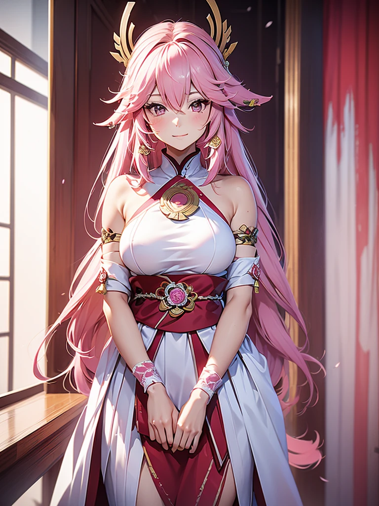 Yae miko, 1woman, as a bride, wearing only a white wedding dress, at a wedding ceremony , pink colour hair, 8k, high detailed, high quality
