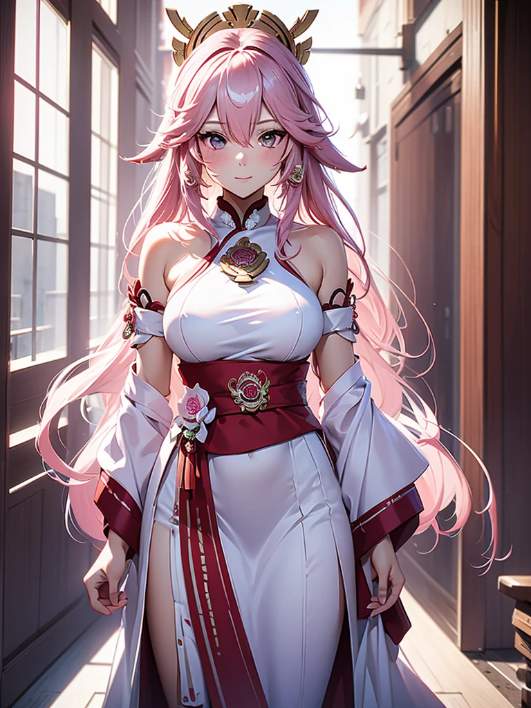 Yae miko, 1woman, as a bride, wearing only a white wedding dress, at a wedding ceremony , pink colour hair, 8k, high detailed, high quality
