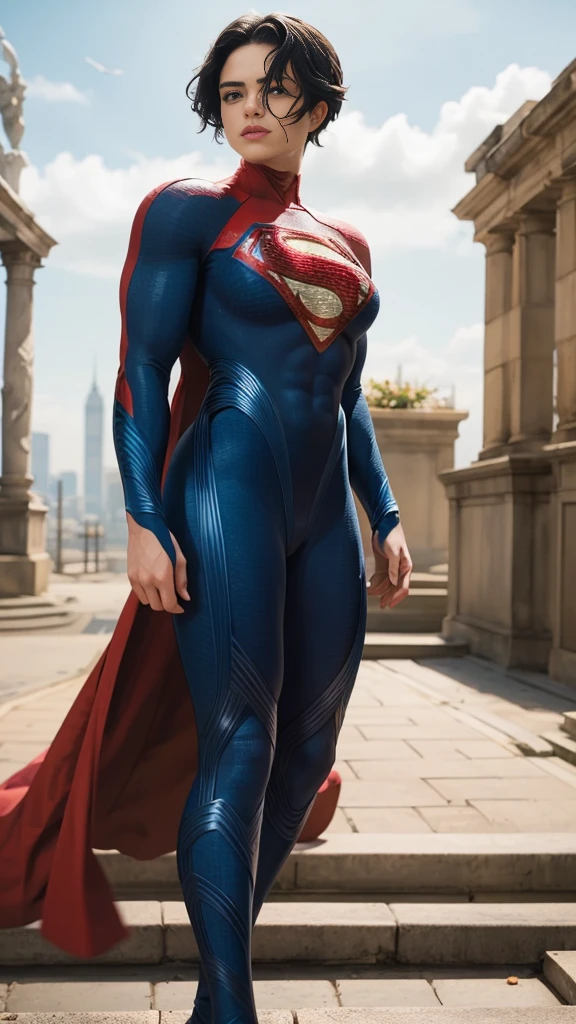 solo, 1girl, 5uper, supergirl, black hair, pixie haircut, blue eyes,muscular strong body,big bulging biceps, blue bodysuit,posing,flexing, long sleeves,high detail,realistic
