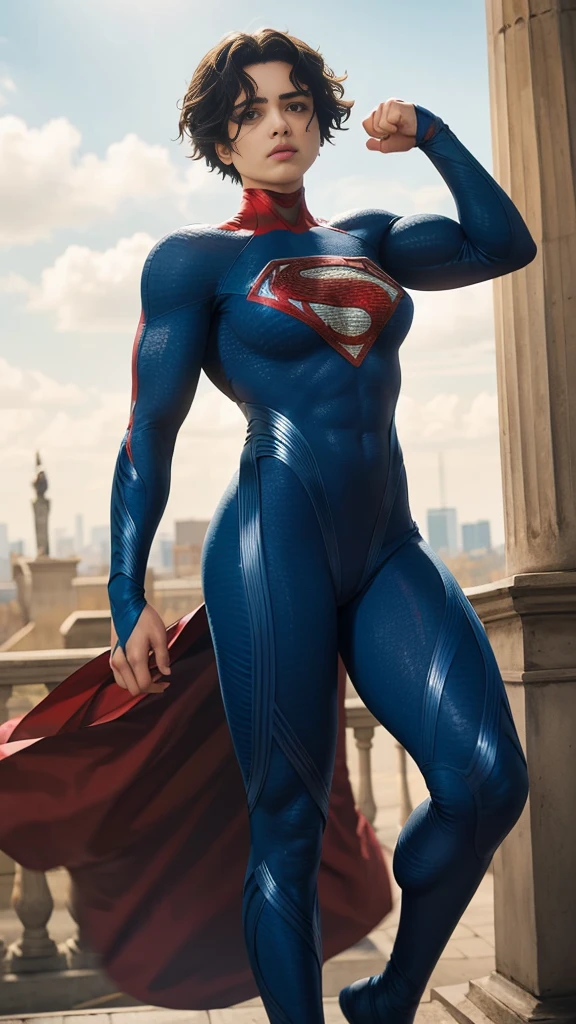 solo, 1girl, 5uper, supergirl, black hair, pixie haircut, blue eyes,muscular strong body,big bulging biceps, blue bodysuit,posing,flexing, long sleeves,high detail,realistic
