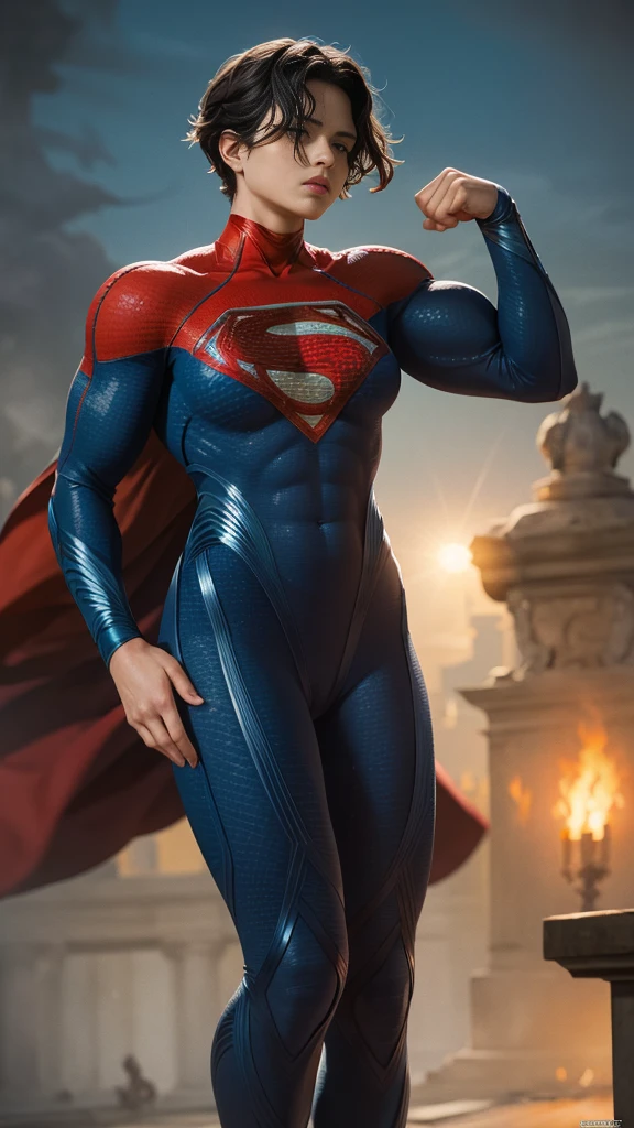 solo, 1girl, 5uper, supergirl, black hair, pixie haircut, blue eyes,muscular strong body,big bulging biceps, blue bodysuit,posing,flexing, long sleeves,high detail,realistic