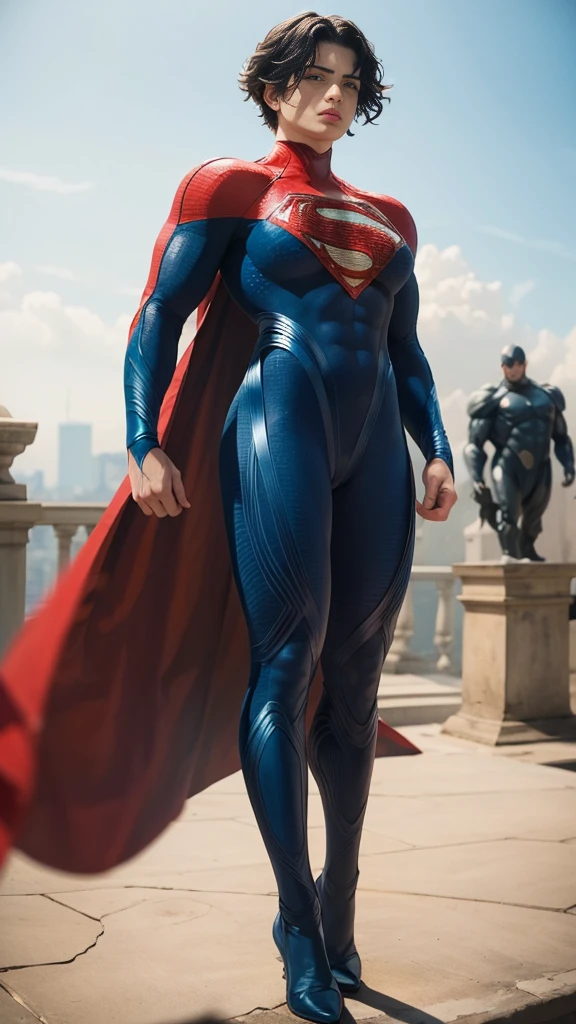solo, 1girl, 5uper, supergirl, black hair, pixie haircut, blue eyes,muscular strong body,big bulging biceps, blue bodysuit,posing,flexing, long sleeves,high detail,realistic