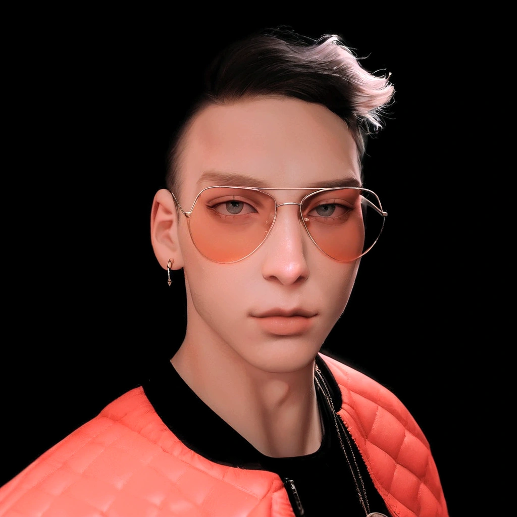 there is a man with a pink jacket and sunglasses posing for a picture, twitch streamer / gamer ludwig, anton fadeev 8 k, andrey surnov, andrei riabovitchevy, very very low quality picture, profile picture 1024px, in front of a black background, headshot profile picture, alexey gurylev, high quality portrait