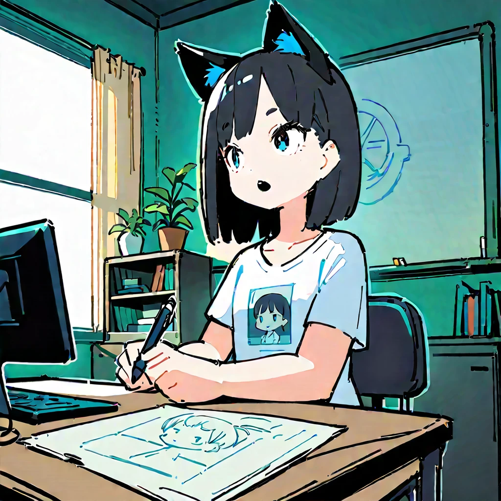 (Thick painting style),Bold line, ((masterpiece,)),(((Highest quality))),(sketch),((Whiteboard,Bookshelf,Chair,illumination,window,computer,vase)),(((A girl in her twenties holding a pen, Mouth open))),Short black hair,Black cat ears,T-Shirts,jeans,(((Character Portrait,Full Art))),Messy