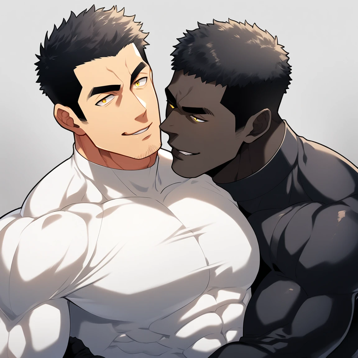 anime characters:Two superheroes in tights, Muscle superhero, negro black skin, They hugged and kissed each other, Bite your neck, Caress, Manliness, male focus, Yellow and black high collar long sleeve tight T-shirt, Slightly transparent material, Very tight, Round, full and perky chest muscles, Muscle waist, Slightly transparent, muscular male, muscular, only, Upper body, alone, Black short hair, Thick eyebrows, stubble, Yellow eyes, Grey background, simple background, amazing quality, best aesthetics, Ridiculous, bright pupils, crew cut, parted lips, seductive smile, torogao, naughty face, drop shadow, best quality
