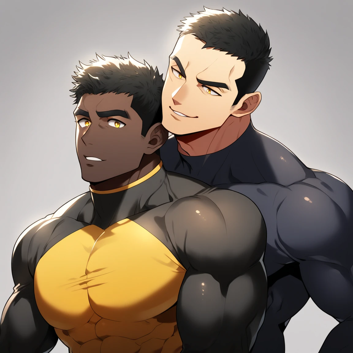 anime characters:Two superheroes in tights, Muscle superhero, negro black skin, They hugged and kissed each other, Bite your neck, Caress, Manliness, male focus, Yellow and black high collar long sleeve tight T-shirt, Slightly transparent material, Very tight, Round, full and perky chest muscles, Muscle waist, Slightly transparent, muscular male, muscular, only, Upper body, alone, Black short hair, Thick eyebrows, stubble, Yellow eyes, Grey background, simple background, amazing quality, best aesthetics, Ridiculous, bright pupils, crew cut, parted lips, seductive smile, torogao, naughty face, drop shadow, best quality