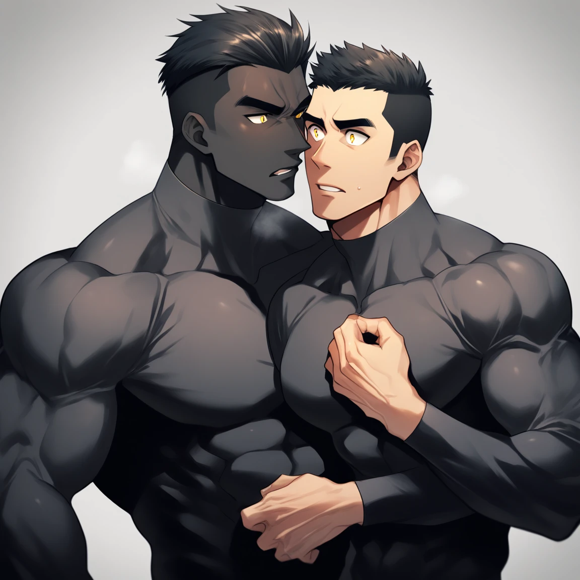 aanime characters:Two superheroes in tights, Muscle superhero, Black Short Hair, negro black skin, They hugged and kissed each other, Bite your neck, Caress, Manliness, male focus, Yellow and black high collar long sleeve tight T-shirt, Slightly transparent material, Very tight, Round, full and perky chest muscles, Muscle waist, Slightly transparent, muscular male, muscular, only, Upper body, alone, Black Short Hair, Thick eyebrows, stubble, Yellow eyes, Grey background, simple background, amazing quality, best aesthetics, Ridiculous, bright pupils, crew cut, parted lips, heavy breathing, pain, horrified, drop shadow, best quality
