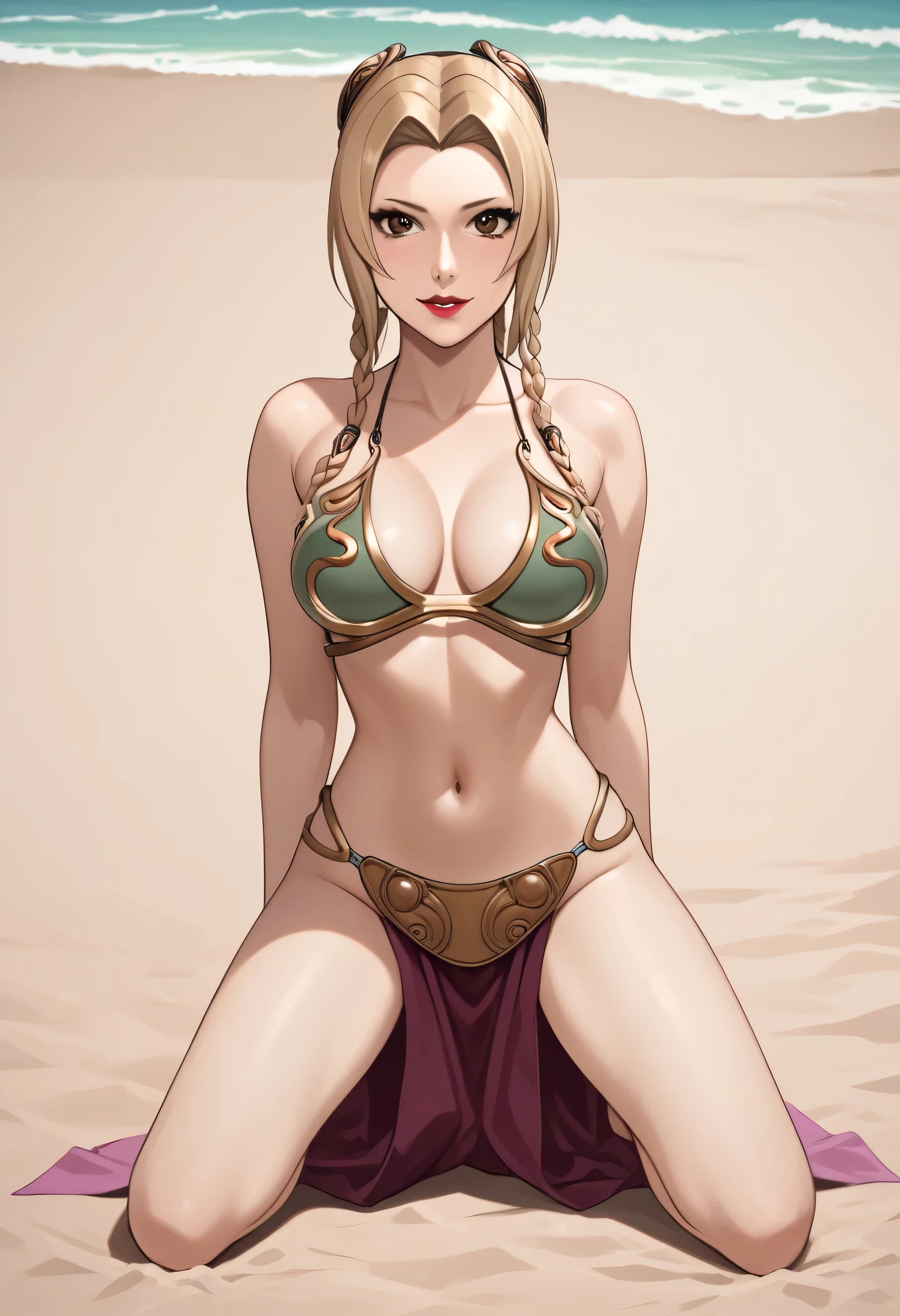 score_9_up, score_8_up, score_7_up, 1girl, solo, mature female, Tsunade, blonde long tied hair, brown eyes, purple rhombus on forehead, red lips, parted lips, fit slim body, perfect medium erected breast, (((slave Leia outfit))), (((sand beach))), looking at the viewer, perfect model body, naughty smile, kneeling and showing her tits under her bra, ((nude tits)), lewd pose, 