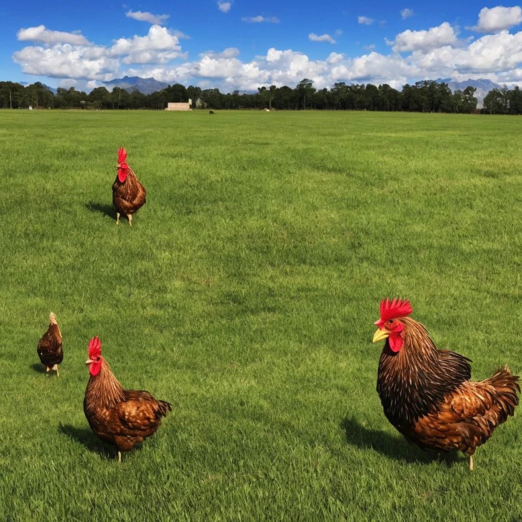 a giant chicken on a grassy field, extremely detailed, highly realistic, 8k, photorealistic, extremely detailed feathers, ultra high definition, vivid colors, natural lighting, cinematic composition, atmospheric perspective, depth of field, intricate details, sharp focus, lifelike, masterpiece