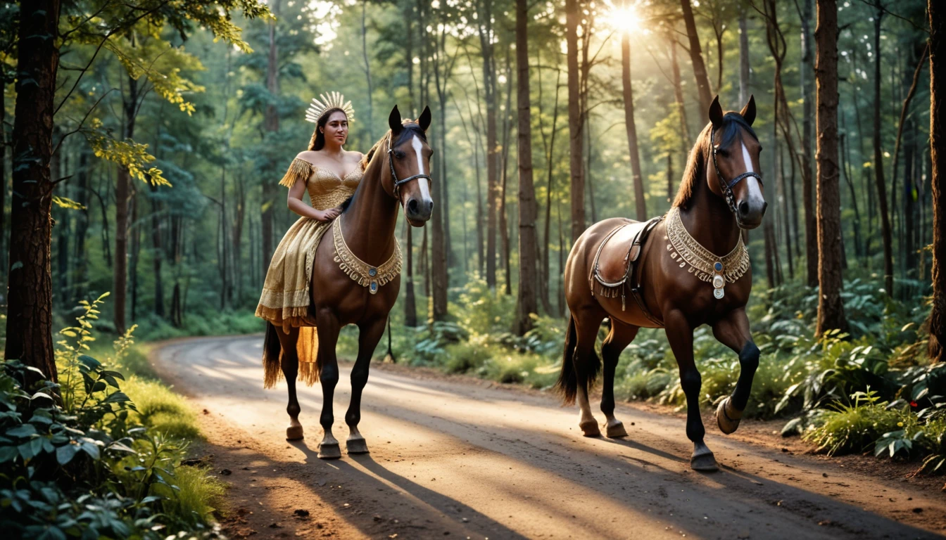 ((masterpiece)), ((best quality)), ((highres)), ((extremely detailed)), ((long shot, back view)), 1 black skinned large BBW girl as Pocahontas costume, full body, Beautiful Native American woman, mature woman, Big breast, (super realistic), (peerless beauty), detailed skin texture, detailed cloth texture, beautiful detailed face, intricate details, ultra detailed, indigenes feather jewelry, feather headdress, traditional handmade dress, (((riding on a fat draft horse))), (((road in the middle of the forest))), ultra realistic, concept art, elegant, ((intricate)), ((highly detailed)), depth of field, ((professionally color graded)), soft ambient lighting, dusk, (Best quality, A high resolution, Photorealistic, primitive, 8K,Masterpiece, ),Best quality, Masterpiec8K.hdr. High ribs:1.20, filmgrain, Blur bokeh:1.10, Lens flare, (vivd colour:1.10), (Delicate),