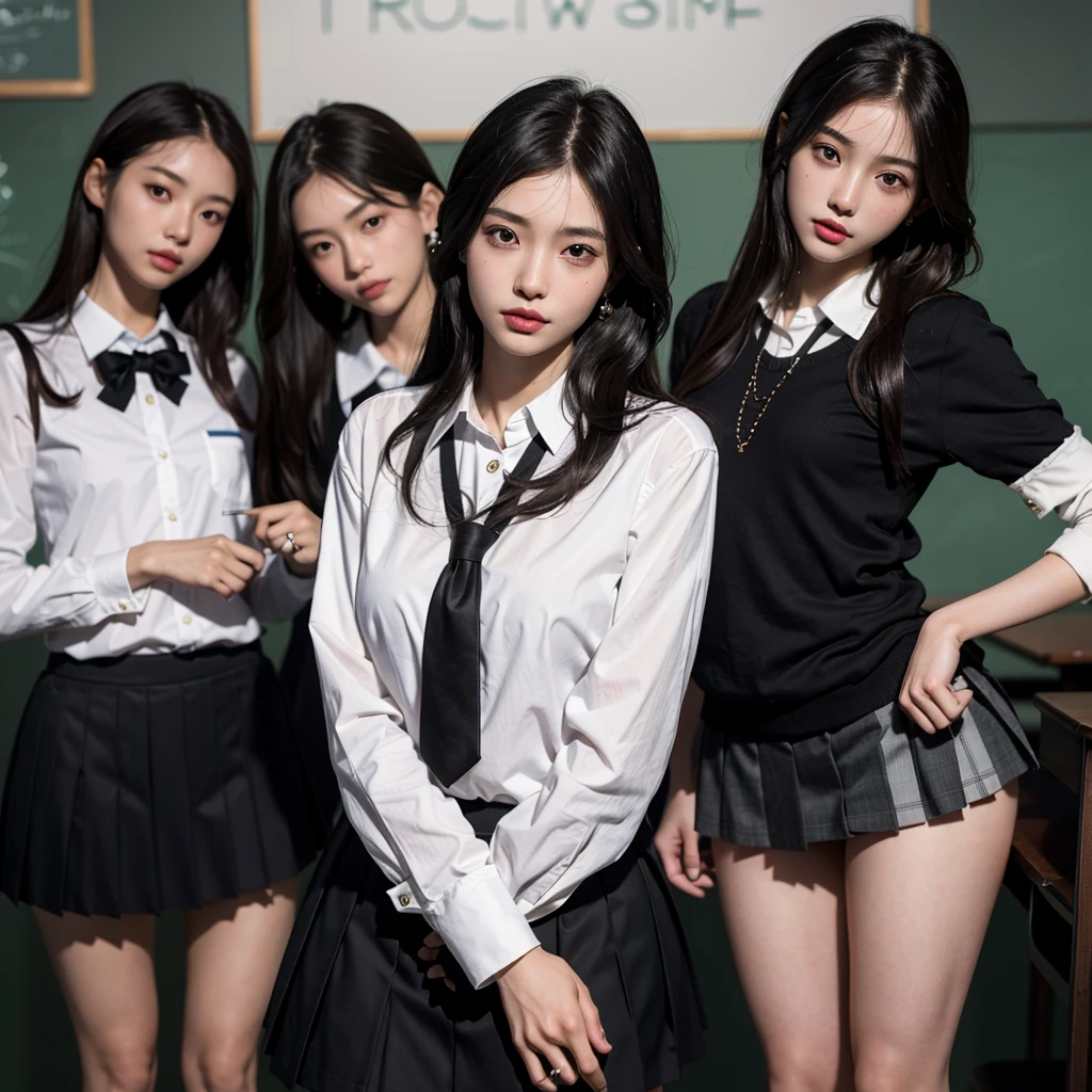 absurdres, RAW photo, extremely delicate and beautiful, masterpiece, Best Quality, ultra high resolution, 32k, hyperrealistic, ultra-detailed, perfect anatomy, super Detailed skin, perfect figure, Japanese woman, late 20s, very Slim body, narrow waist, very small head, handsome detailed woman, very detailed eyes and face, realistic face proportions, Stunning detailed eyes, Realistic beautiful face, very small face, Realistic small beautiful eyes, tearful mole, earring, beautiful and very thin legs, beautiful and very thin thighs, ((very huge round breasts)), medium hair, black hair, ((full body shot)), ((((3 girls)))), ((((school_uniform)))),