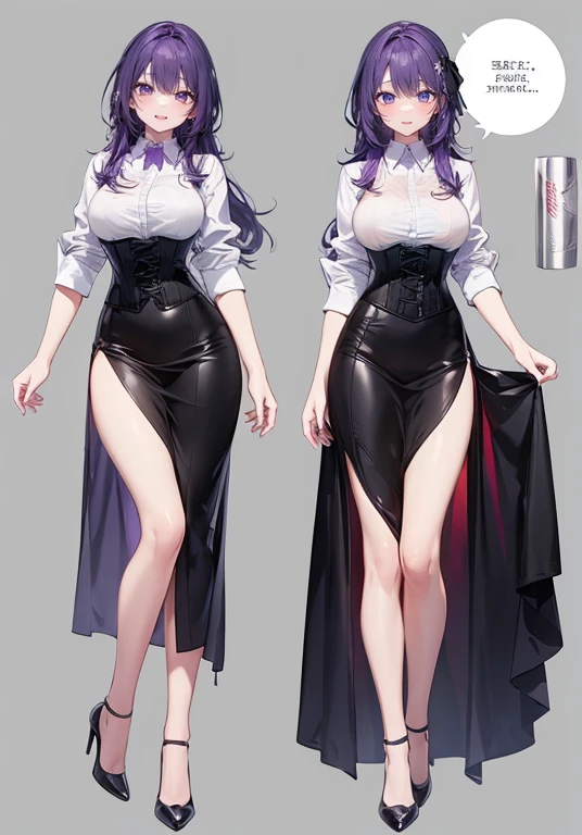 ((Perfect Face)),Purple Hair,long hair,1 female,bartender,White shirt,(((Roll up your sleeves))),corset,Tight Skirt,High heels,((Simple White background)),((smile)),((full body))