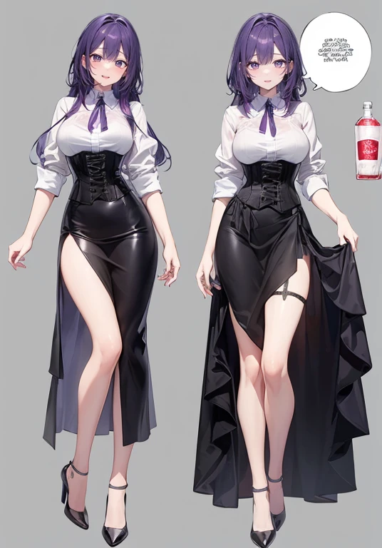 ((Perfect Face)),Purple Hair,long hair,1 female,bartender,White shirt,(((Roll up your sleeves))),corset,Tight Skirt,High heels,((Simple White background)),((smile)),((full body))