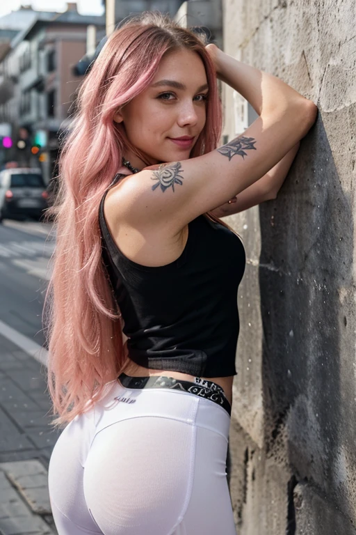 8k, Delicate facial features, ultra-clear, pink long hair, smile, arms hugging themselves on a busy city street, black shirt, white leggings from adidas, thick makeup, smoky makeup, eye shadow, photo with back to viewer, tattoo, cross necklace, sunrise leaning against the wall,